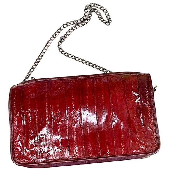 Eel Skin Handbag Rectangular Clutch Crossbody Dark Cherry w/Chain-link Strap